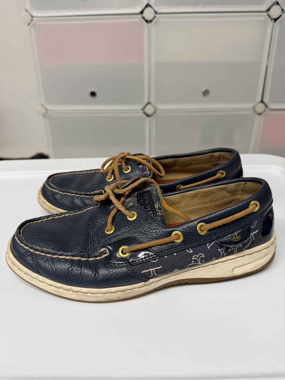 Sperry Navy Leather Boat Shoes with Nautical Design